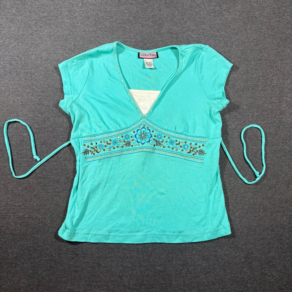 Y2K Paris Hilton Core Babydoll Style Baby Tee w tie waist rhinestone sz L
